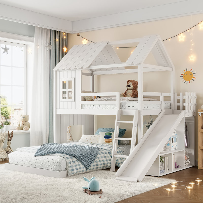 House-Style Wooden Bunk Bed with Slide, Storage Shelves & Wardrobe, Light White