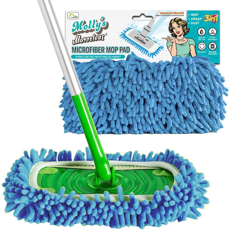 Paquet de 2 coussins de vadrouille en microfibre Molly's - Serviettes lavables réutilisables pour le nettoyage des sols secs et humides - Convient aux vadrouilles plates de 4,5 x 11 po - pour les planchers de bois franc, de carrelage, de stratifié et de vinyle