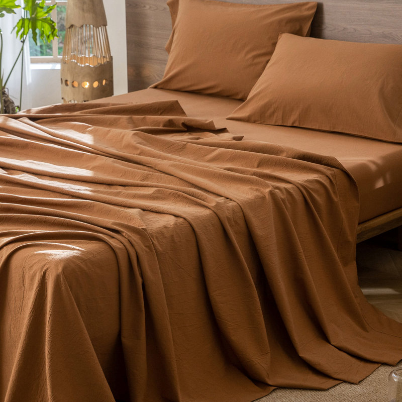MooMee Flat Sheet 100% Washed Cotton Linen Like Textured Breathable Lightweight, Dark Orange, Queen Flat Sheet