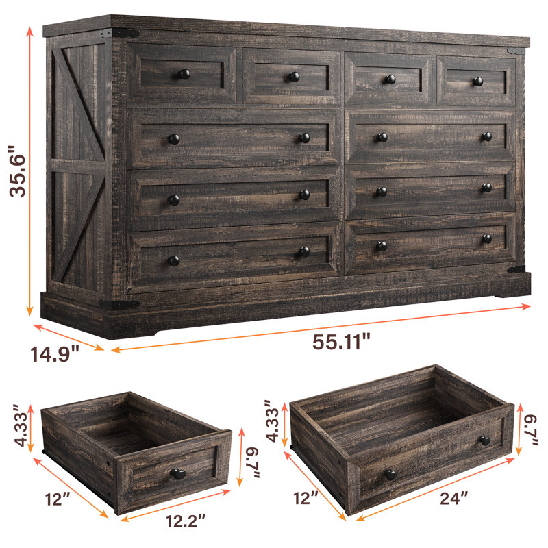 Farmhouse 10 Drawers Double Dresser, Brown