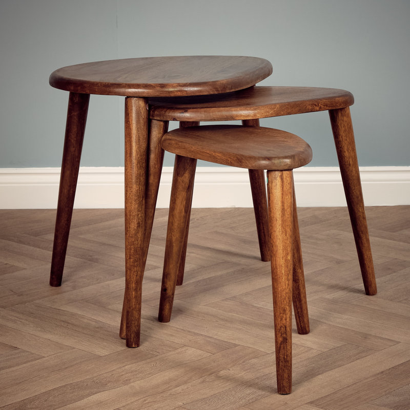 3 Piece Nesting Coffee Table Set – Solid Mango Wood Nest Of Tables In Light Oak Finish, Modern Wooden Side Tables For Living Room, Scandinavian Style Sofa End Tables, No Veneer
