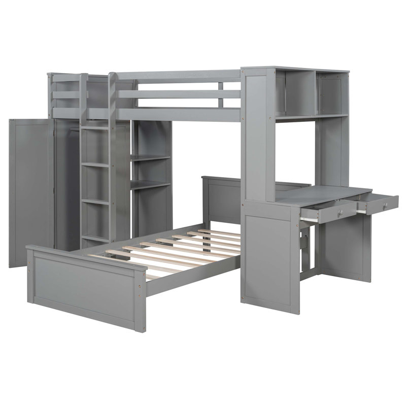Lit mezzanine simple avec lit autonome, tablettes, bureau et garde-robe, Grey
