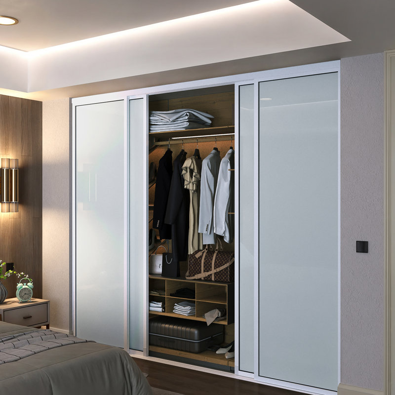 Garde-robe coulissant 4 panneaux en verre laiteux, 120 po x 96 po, Blanc, 4