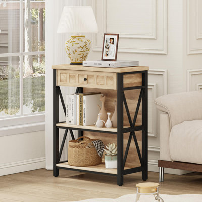 Guinna Industrial 3-Tier Bookcase With Drawer, Wood And Metal Low Bookshelf For Small Spaces, Living Room, Bedroom, Office
