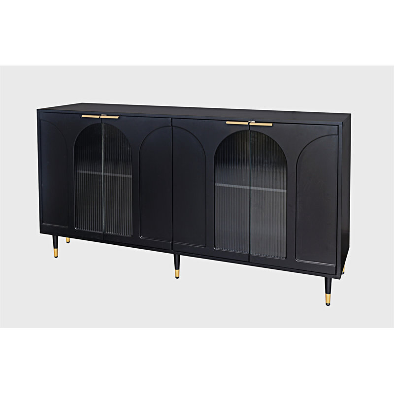 Accent Cabinet  Lacquered Wooden Cabinet With 4 Glass Doors Sideboard Buffet Server Cabinet Storage Cabinet, Black