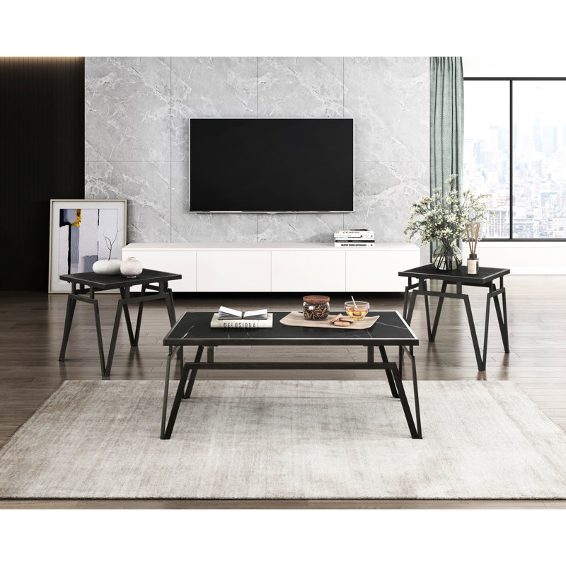 3 tables d'appoint en pierre frittée noire et métal Charisma Allure