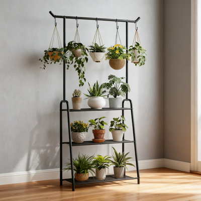 3-Tier Tall Plant Stand With Hanging Shelf, Heavy Duty Indoor Outdoor Flower Holder Ladder For Multiple Plants In Living Room, Patio, Balcony by Latitude Run