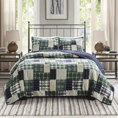 / Literie double / grand bleu marine, patchwork et tissu écossais réversible, rembourrage en coton, taies décoratives avec fermeture à glissière pour relax 3 pièces bleu marine - réversible, motifs à carreaux, microfibre douce, fermeture à glissière pour chambre chaude