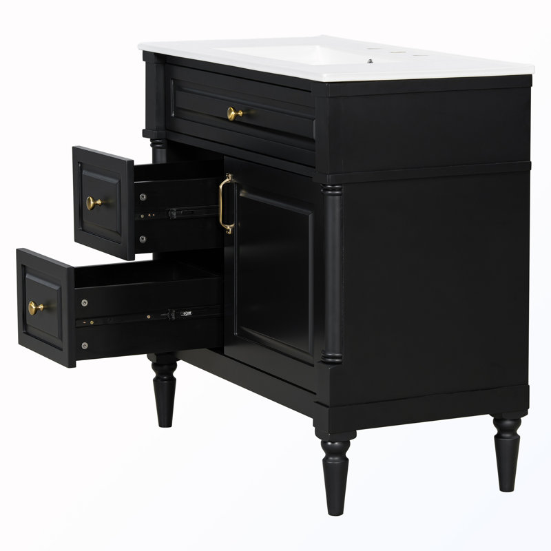 Armoire de salle de bain autoportante avec tiroir rabattable, Noir