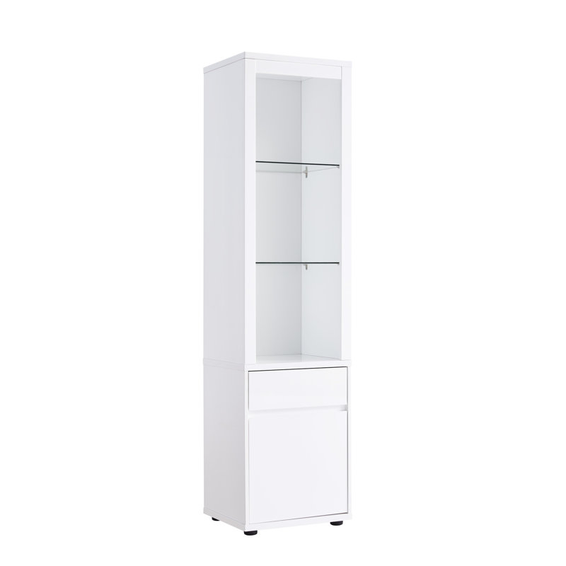 Vitrine blanche de style moderne avec trois tablettes en verre, un fond et un tiroir d'une capacité de poids maximale de 10 lb