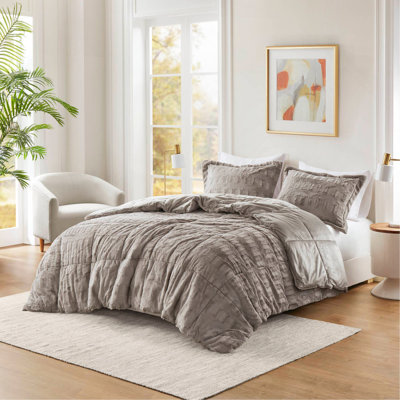 3 PCS Solid Faux Fur Comforter Mini Set Gray