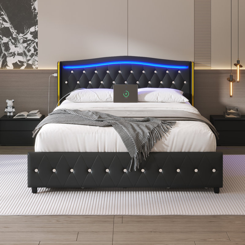 Full Upholstered Platform Bed with 4 Storage Drawers, Bed Frame with Wingback Headboard, RGB LED Lights & Charging Station, Easy Assembly, Black
