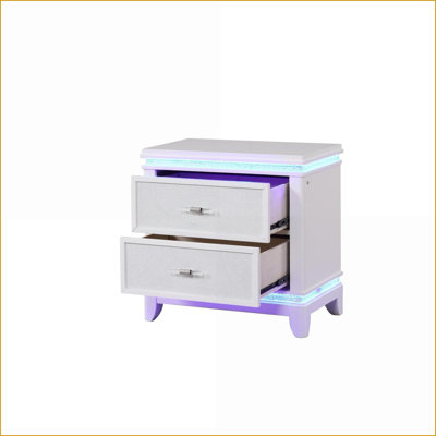 Modern 2-Drawer White Nightstand with Mirror Front and LED Lights