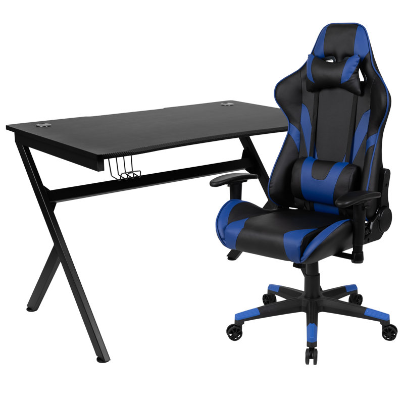 Gaming Desk and Reclining Gaming Chair Set with Cup Holder, Headphone Hook & 2 Wire Management Holes, Blue