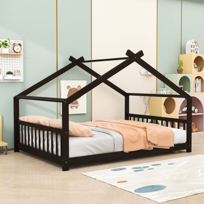 Wooden House Bed with Roof, Semi-Enclosed Playhouse Design