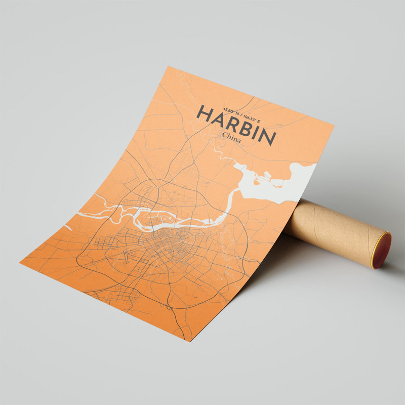 «Harbin City Map», impression, H 17 po x l 11 po, Orange / gris