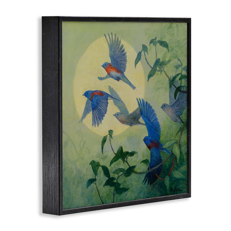 Bluebird Flock over Moon, art de la giclée encadrée par Floy Zittin, H 17 po x l 17 po, Giclée encadrée noir minuit