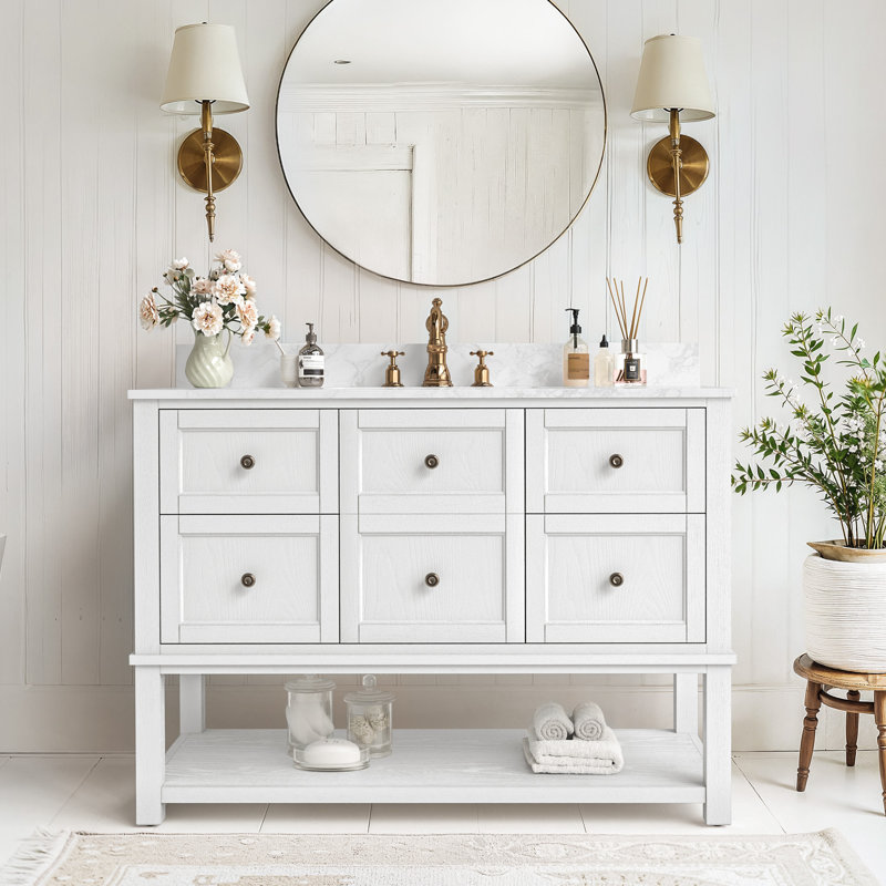 Meuble-lavabo simple 48 po avec plateau en marbre Janus, Blanc