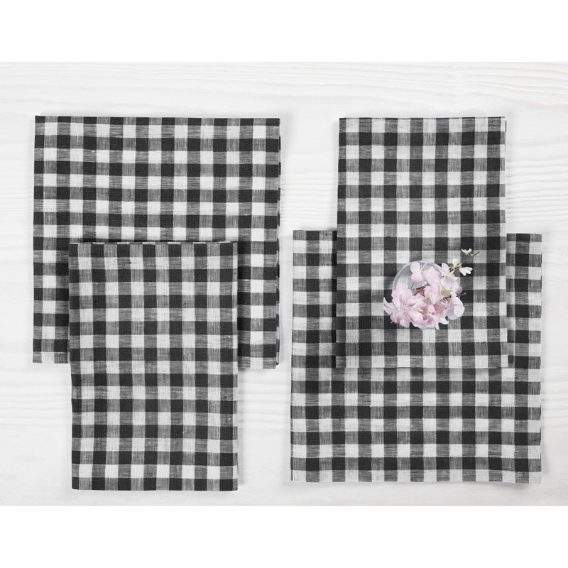 Gingham Check - 100% Pure Linen Dinner Napkins, Black