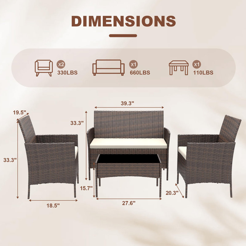 Required 4-Piece Outdoor Bar Set, PE Rattan Conversation Set with Cushioned Loveseat, Chairs & Glass Table, Brown, Beige
