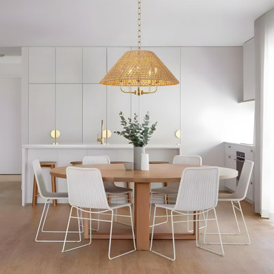 22 Inch Rattan Modern Farmhouse Chandelier, 5-Lights Boho Large Pendant Light with Cone Wicker Shade, Coastal Hand Woven Hanging Lighting Fixture for Dining Room, Kitchen Island, Entryway Foyer