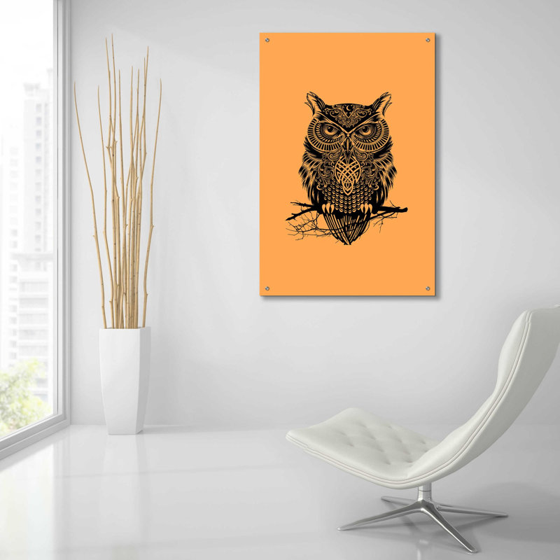 «Warrior Owl On Orange» par Rachel Caldwell, art mural en verre acrylique, H 36 po x l 24 po x P 0,2 po