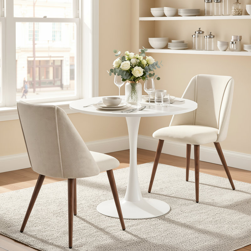 Ensemble de salle à manger rond 3 pièces de 80 cm avec table à pied centrale blanche et chaises rembourrées, Blanc, Beige