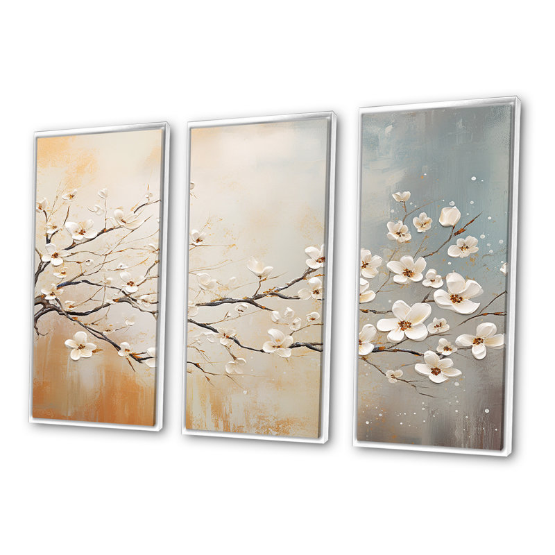 Dogwood Blooms Sunset - ensemble d'art mural cornouiller, Cadre flottant blanc, H 40 po x l 60 po x P 1 po