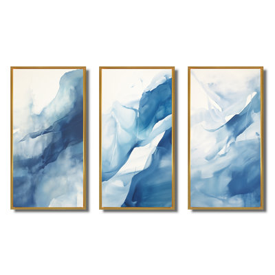 Blue And White Dancing Watercolor Clouds - Abstract Painting Art Set Of 3 Pieces