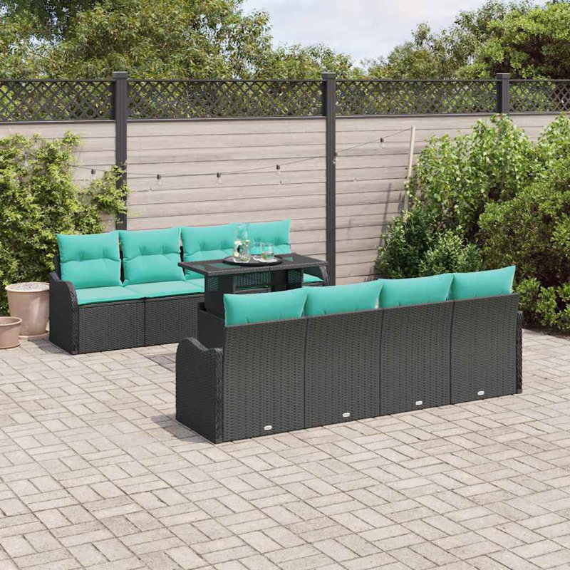 Ensemble de canapé de jardin avec coussin 7 pièces en rotin de polyester noir et bleu, Coussin bleu / cadre noir