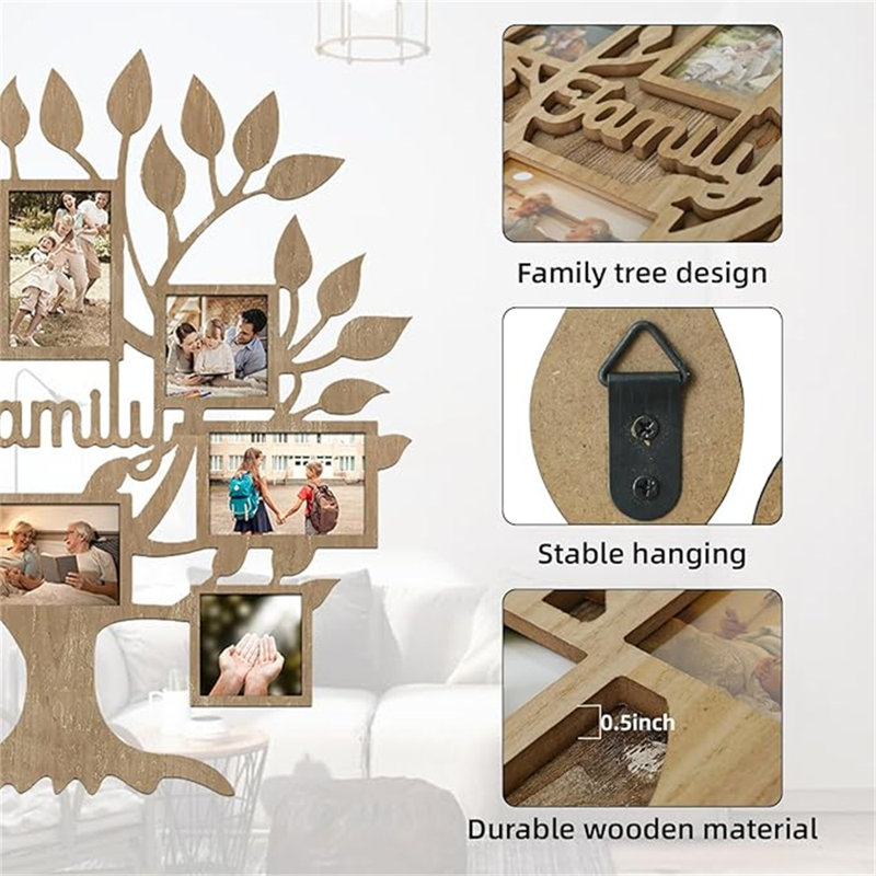 Natural Rustic Family Tree Picture Frame Collage Wall Decor, 26 x 27 Inch