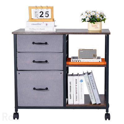 Classeur en métal brun avec 3 tiroirs en tissu et 2 tablettes ouvertes