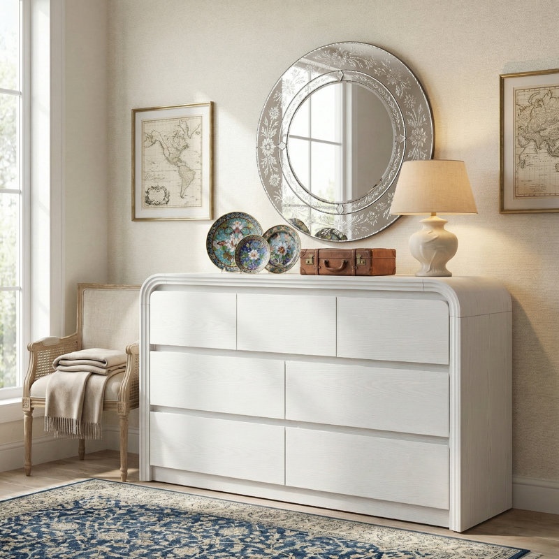 Curved Edge 47.24" Wide White MDF 7-Drawer Dresser with Storage, White