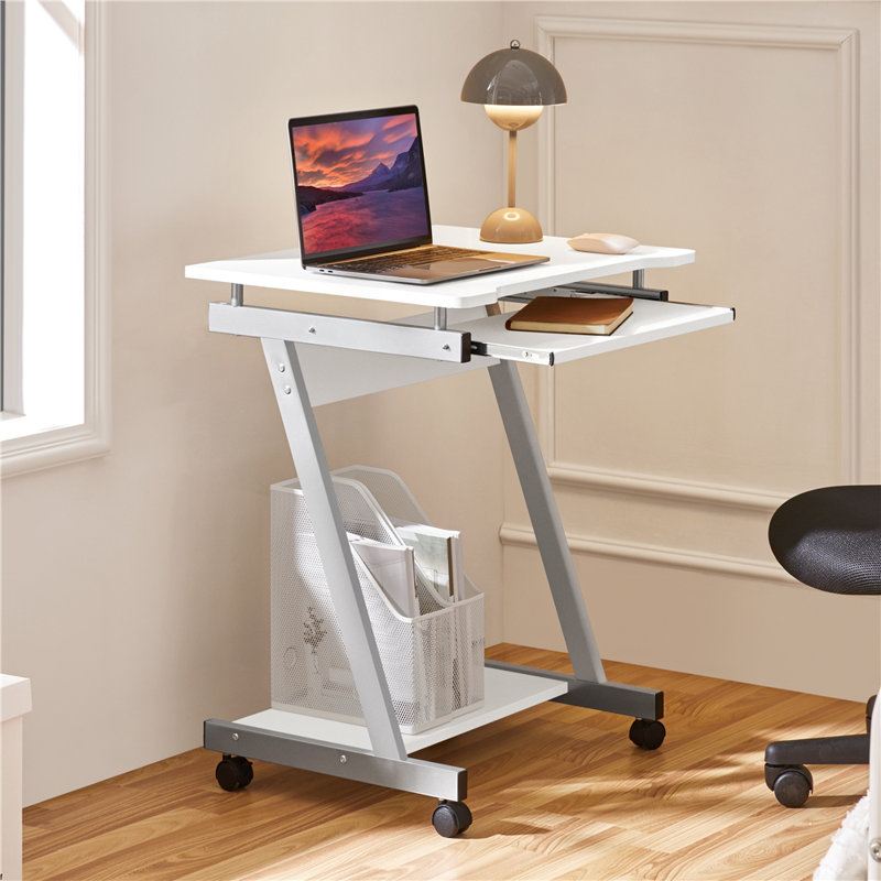 Z-shaped Computer Desk with 4 Wheels, White