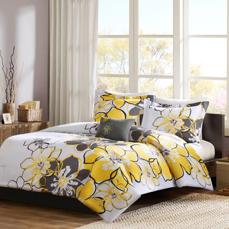 King Yellow and Grey Microfiber Floral Comforter Set