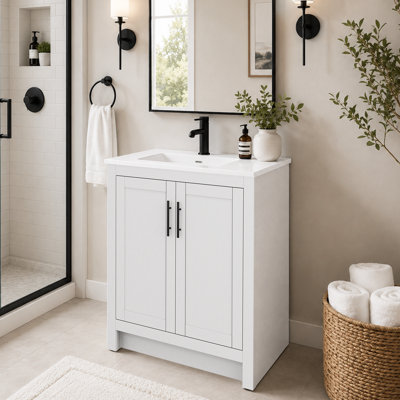 Ensemble de meuble-lavabo autoportant simple 30 po avec lavabo en céramique Lumina, blanc, contreplaqué de bois franc, portes à fermeture en douceur et rangement intérieur réglable
