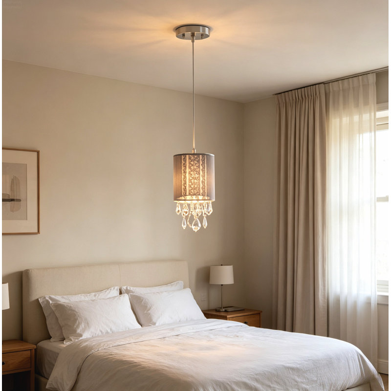 Suspension moderne en forme de tambour avec abat-jour en cristal de 16,5 cm et hauteur de suspension réglable, chromée et transparente