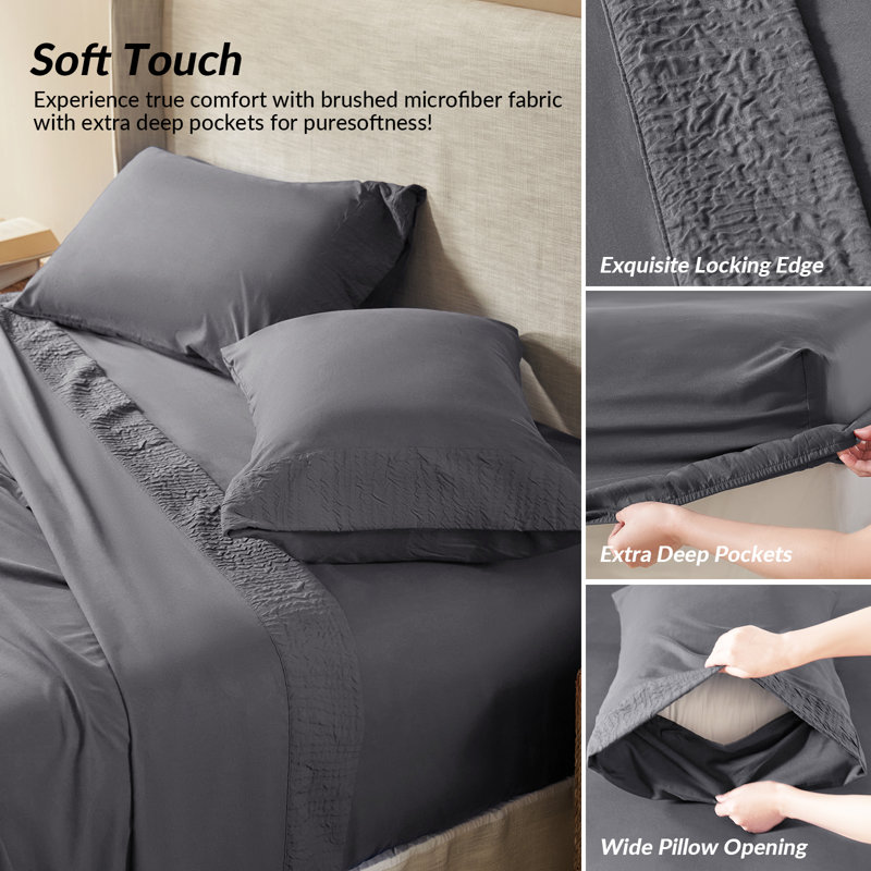 Draps et taies d'oreiller en polyester, Ensemble de draps pour lit simple avec 1 taie d'or, Gris