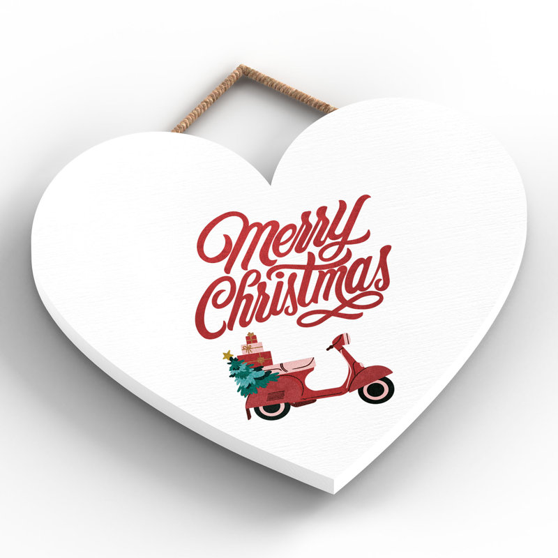 Xmas Merry Christmas Scooter Wooden Heart Plaque, 16cm H x 17cm W x 0.9cm D