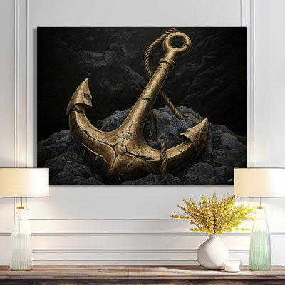 Ancre moderne noire et dorée - art mural côtier en métal, impression métallique nautique