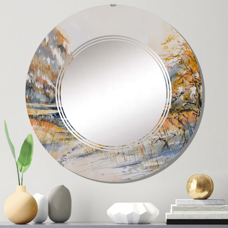 Paysage d'hiver avec lac de montagne - Miroir mural traditionnel rond, 24 po x 24 po