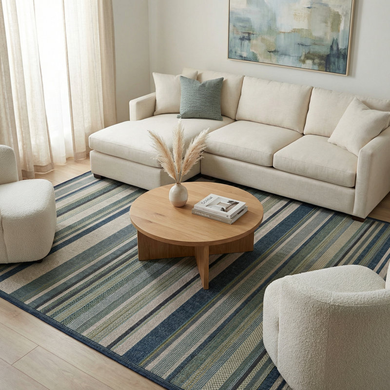 Tapis rayé vert / bleu intérieur / extérieur Tavon, Rectangle 6 pi x 9 pi