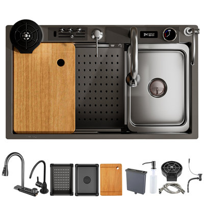 31.5in Black Stainless Steel Waterfall Kitchen Sink With Temperature Display,topmount Bar Drop In Workstation Sinks,utility Home Farmhouse Sink With Down Pull Faucet,knife Holder Box