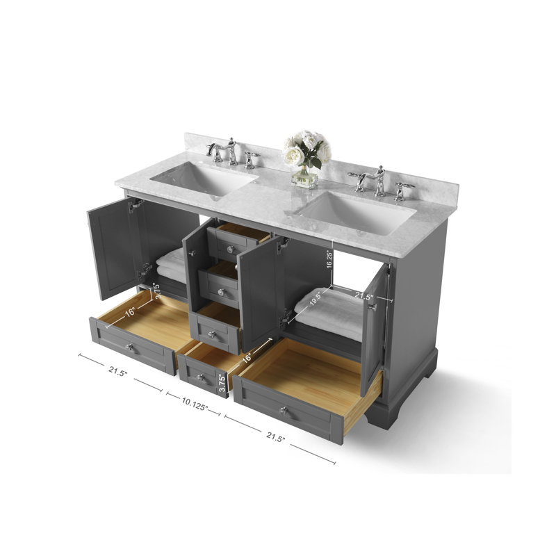 Audrey 60'' W Double Vanity, Carrara White, Brushed Nickel, Sapphire Gray