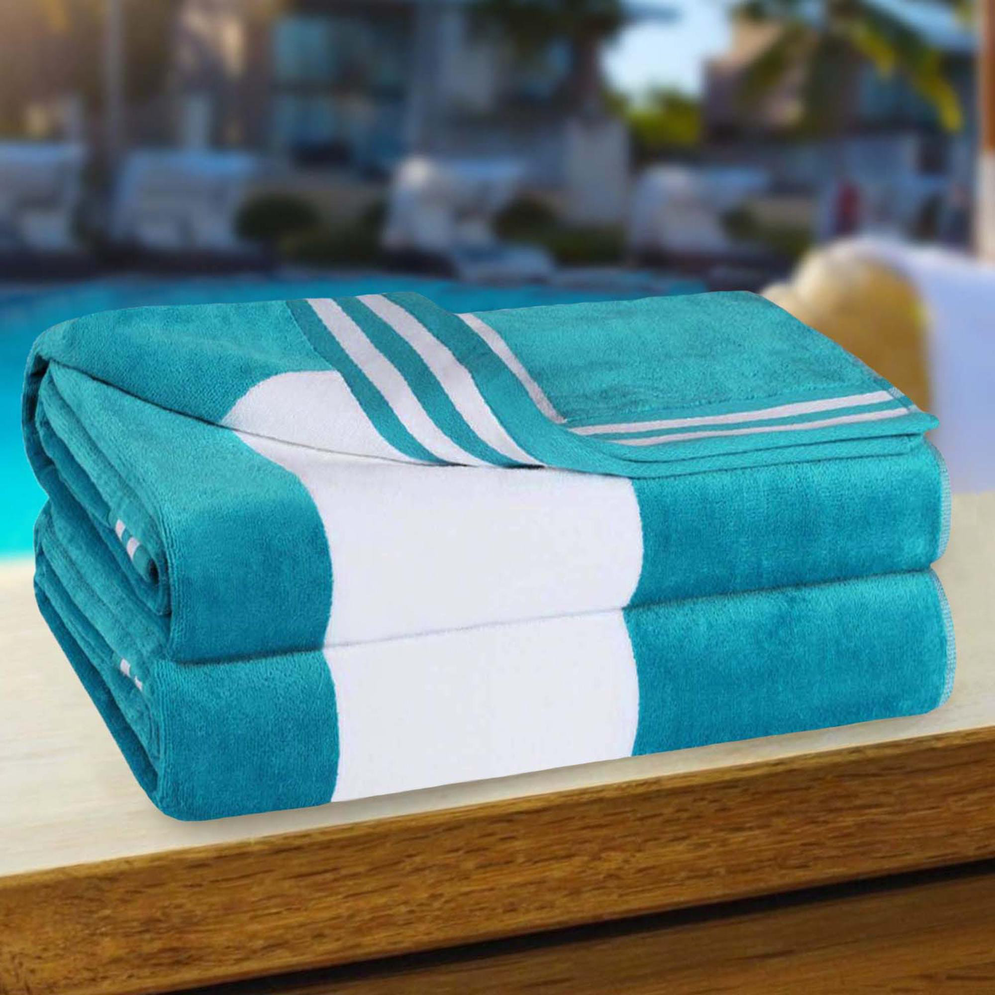 Calheta Cotton Oversized Cabana Stripe Beach Towels, Turquoise, 2