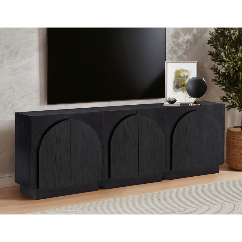  Aurelie 3 Piece Modular Solid Wood Tv Stand Arched Storage Cabinet Credenza, Black