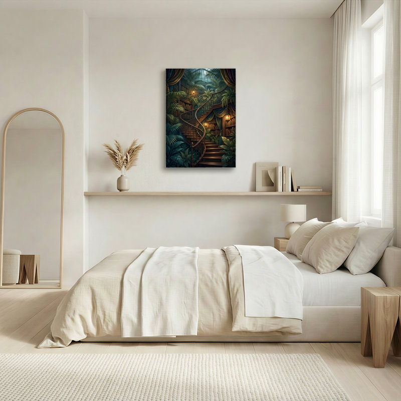 Art mural sur toile Gallery Wrap pour le salon, la chambre à coucher, le bureau ou le vestibule - Décoration murale décorative avec escalier jungle