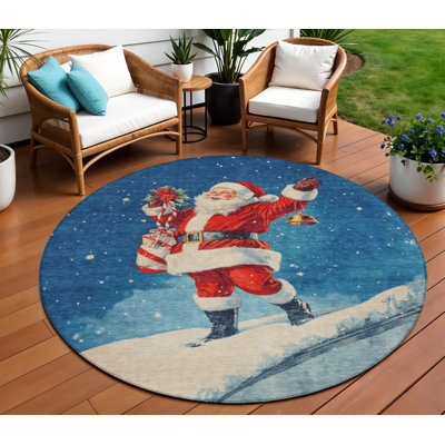 Tapis intérieur/extérieur lavable, 2,4 m (8 pi), bleu, rouge, blanc, vert et or, motif du Père Noël