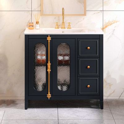Meuble-lavabo de 36 po, structure en bois massif, meuble de rangement moderne pour salle de bain, noir