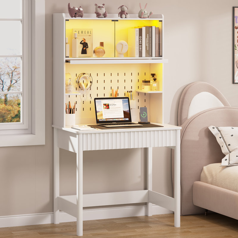 Computer Desk with Power Outlet and Tri-Color Light, White